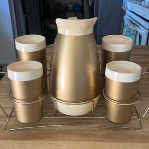 Vintage West Bend Thermo Serv Gold Pitcher and glasses